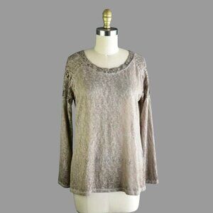 ELENA BALDI BURNOUT FLORAL LACE LONG SLEEVE TOP